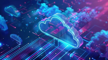 Obraz premium Digital Cloud Network with Neon Lines and Lights