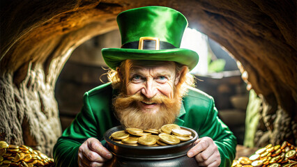 Leprechaun with a treasure pot in the treasure cave, perfect for celebration themes, St. Patrisk's Day