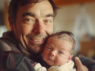 A close-up of a man cradling a baby in his arms, with a warm and loving expression