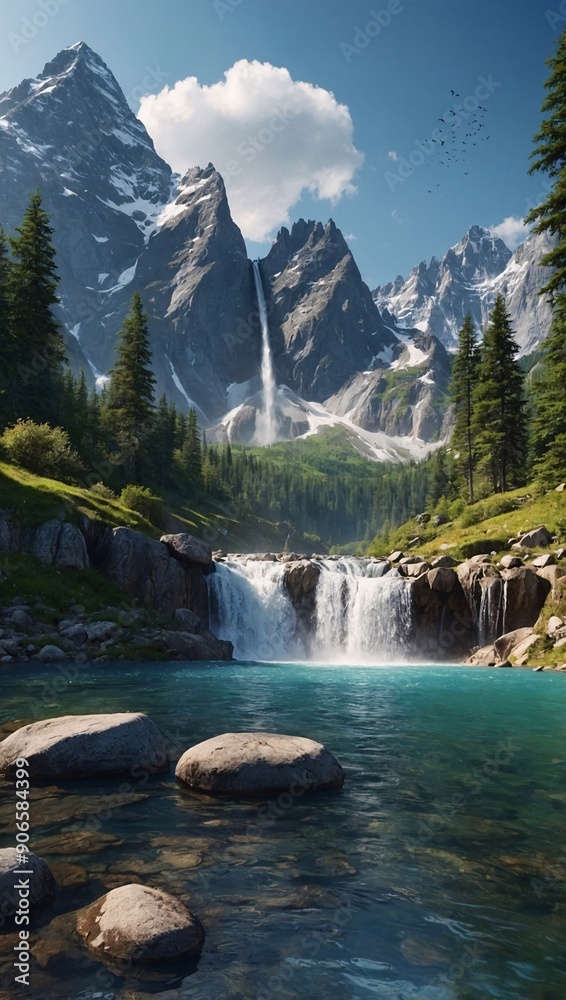 Wall mural Mountain scenery with lake and waterfalls. 3D illustration photo wallpaper