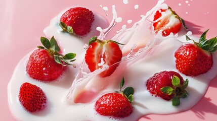 Strawberries Splashing into Milk on a Vibrant Pink Background