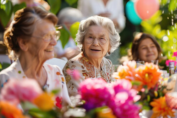 Elderly woman smiling at an outdoor garden party surrounded by colorful flowers and balloons. Concepts of celebration, companionship, and joyful moments in a vibrant setting.