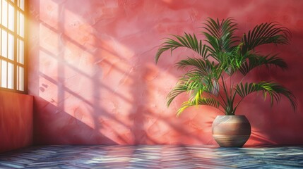 Sunlit Room with Tropical Plant, Artistic Interior Scene