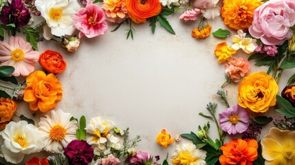Obraz premium Floral Elegance: Lush Blooms Surrounding a Blank Canvas for Messages. Vibrant and colorful flowers frame an empty space, perfect for personalized notes