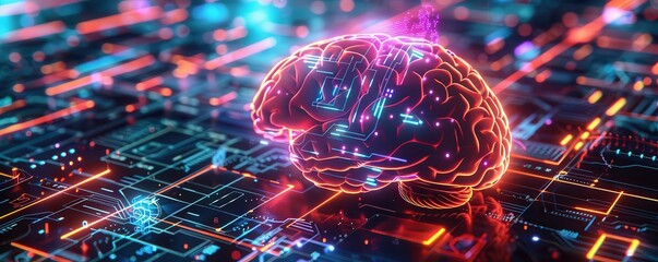3D brain visualization, top view, neon light interface, futuristic tone, vivid colors