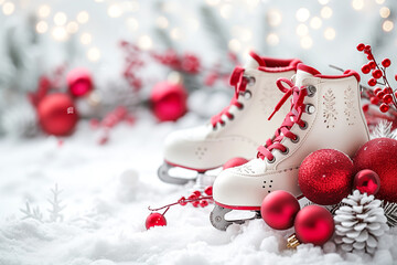 White ice skates with Christmas decoration on snow. Christmas background.