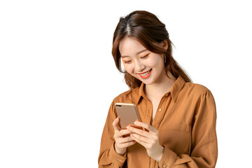 Smilling Asian beauty woman with smartphone isolated on white