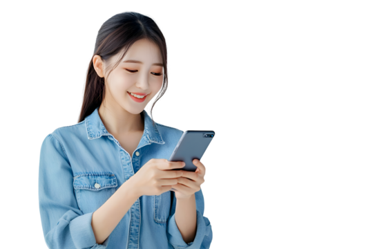 Smilling Asian beauty woman when receiced good news looking smartphone isolated on white