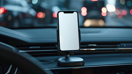 mobile phone with a blank screen stands on a stand on the dashboard of a car