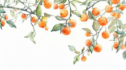 Watercolor vector drawing of orange plant leaf and fruit