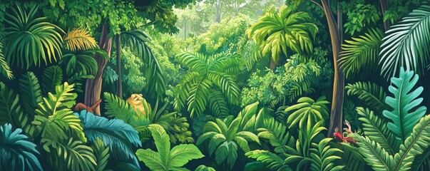 Fototapeta premium Vibrant green jungle scene showcasing dense foliage and lush plant life in a tropical environment.