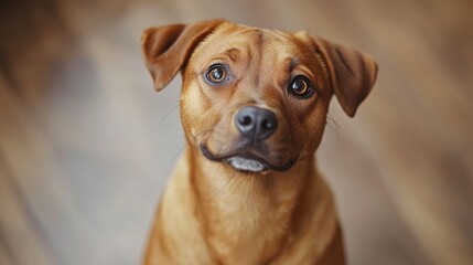 A friendly, mixed-breed dog with soulful eyes sits in a bright, welcoming room, gazing up hopefully, surrounded by soft lighting and a cozy atmosphere. The scene emphasizes the joy of adopting a pet
