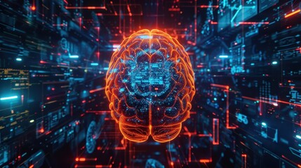 Obraz premium AR brain simulation visualization, top view, cuttingedge holographic tech, digital tone, vivid colors