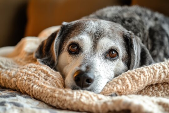 A gentle senior dog with a graying muzzle lies peacefully on a soft blanket, looking content and relaxed. The warm, soft lighting and cozy background highlight the calm and loving nature of older
