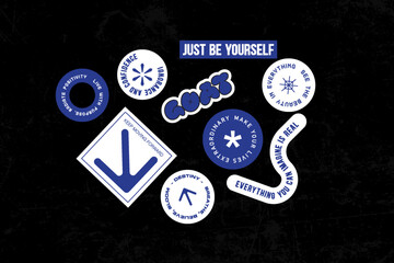 Sticker set typography vector template decorated with cartoon image and aesthetic quotes graphic design