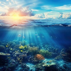 Obraz premium A vibrant underwater scene showcasing colorful coral reefs, marine life, and sunlight filtering through the ocean surface.