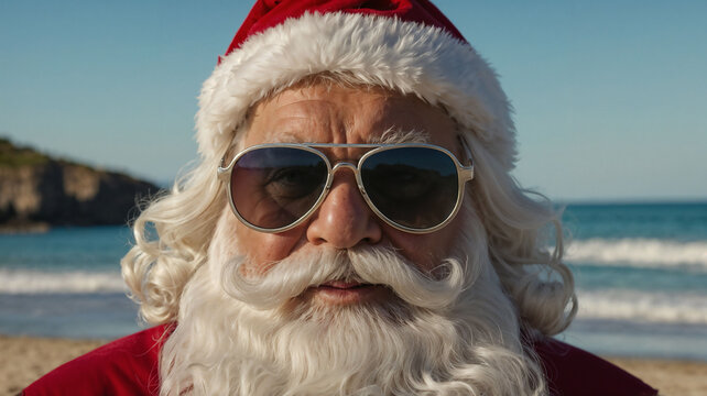 Santa Claus with sunglasses, beach in the background, Christmas and holiday concept.