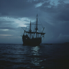 Obraz premium Pirate boat, middle of a sea, calm weather, low winds, clear sky night, ship, sea, sail, sailing, ocean.