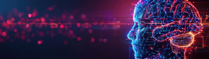 Hightech 3D brain hologram, side view, neon futuristic design, futuristic tone, Complementary Color Scheme