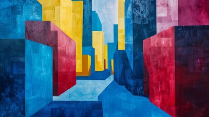 Abstract representation of a cityscape with geometric buildings