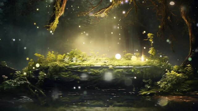 A close-up, moss-covered stone podium emerging from the shimmering waters of an enchanted forest lake, illuminated by the gentle glow of fireflies.
