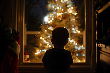 Waiting for a miracle, A young boy in a dark room gazes through a window at a beautifully lit Christmas tree, filled with wonder and anticipation