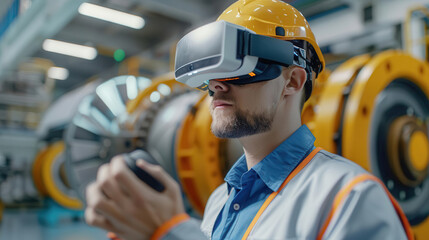 Industrial worker wearing VR headset and holding controller.