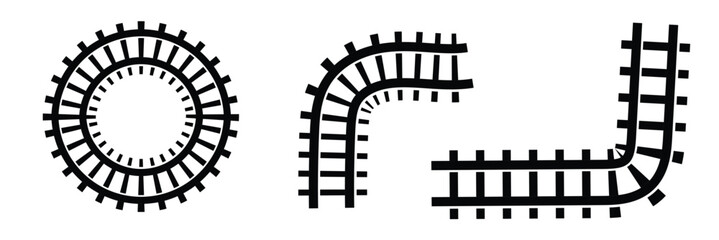Set of railroad segments. Rail road elements top view. Train track straight and waved lines, circle and oval frames isolated on white background. Fence or stairs texture. Vector graphic illustration
