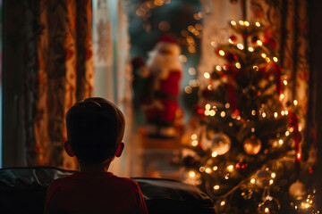 A young boy eagerly watches Santa Claus through a window at night, with a Christmas tree and lights in the background