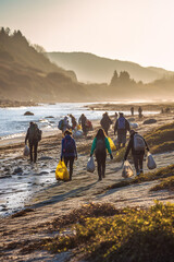 Fototapeta premium Group of volunteers cleaning rubbish from the beach