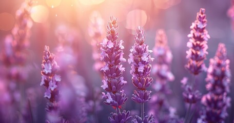 Fototapeta premium Lavender Fields in Sunlight, Aromatic Purple Flowers with Bokeh Effect