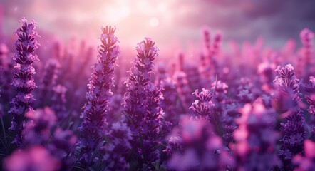 Pink Lavender Field at Sunset
