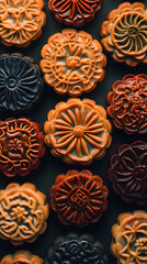 Colorful mooncakes arranged in a beautiful pattern, showcasing intricate designs and vibrant hues, symbolizing tradition and celebration