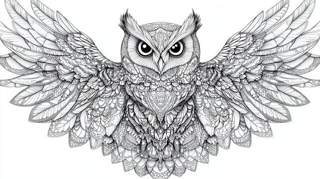ntricate black and white drawing of an owl with elaborate feather patterns. Detailed illustration ideal for adult coloring books