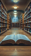 Fototapeta premium Inviting Atmosphere of a High School Library with an Open Book, Soft Focus Background Encouraging Learning and Contemplation