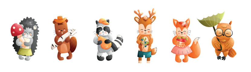 Children cute animals isolated on white background. Forest animals characters. Vector.