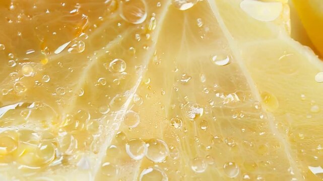 A close-up view of a freshly cut lemon, its juicy segments glistening with tiny water droplets.