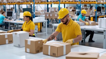 Workers in a warehouse packing boxes for shipment.