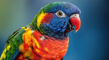 Fototapeta premium Vibrant parrot with colorful feathers against a blue background. Striking close-up showcasing the birdâ€™s vivid plumage and sharp beak