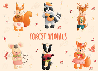 Children cute animals set featuring a squirrel, raccoon, deer, mouse, badger, and fox with autumn elements.