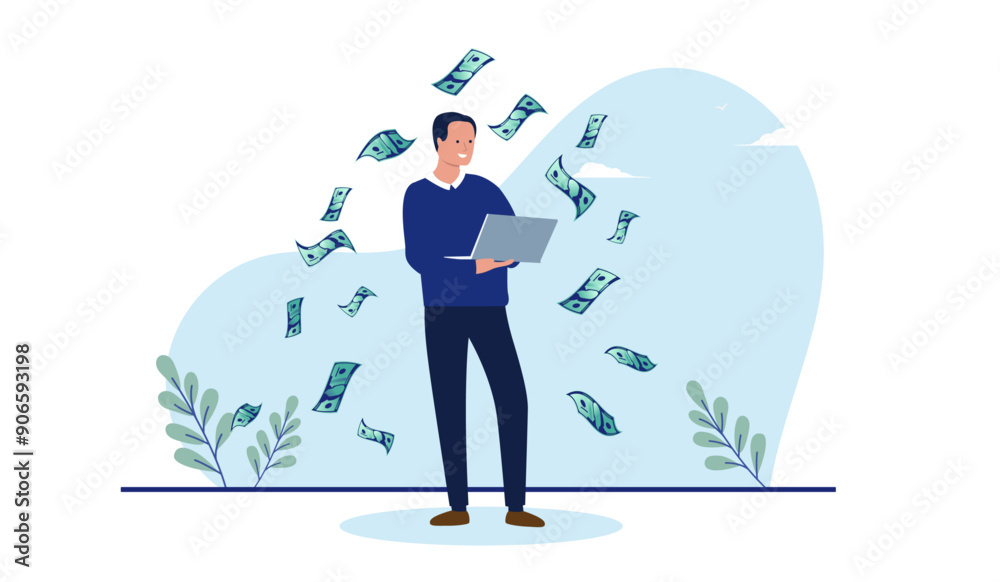 Aufkleber person with computer making money - man standing holding laptop in hands smiling and earning income 