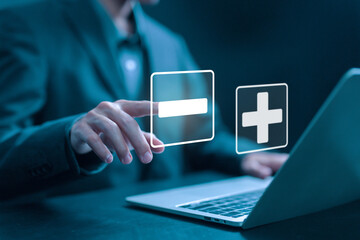 shows icon plus and minus. businessman selects the minus sign. concept of comparing pros and cons,...