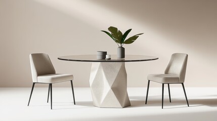 Two sleek chairs and a round table with clean lines are featured in this modern furniture set