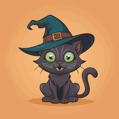 A mischievous black cat with glowing green eyes, wearing a witch's hat Cute Cartoon illustration with THIN LINE colored in different,
bright colors, icon isolated flat with colour without shadow for k