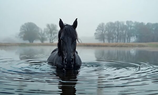Black Horse in a Misty Lake