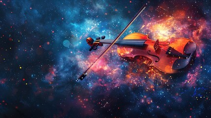 Fototapeta premium Uv paintin of universe on Colorful music notes background isolated on universe backgrounds with double axposure ,sheet music violin key and outline.