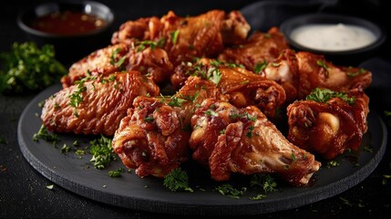 Fototapeta premium Deliciously crispy chicken wings garnished with fresh herbs, served with dipping sauces on a dark background.