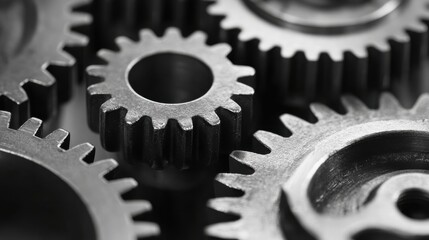 Close-up view of interlocking metal gears in black and white. Suitable for illustrating mechanical engineering, industrial design, and machinery concepts