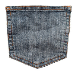 Piece of torn denim on a white background. Denim texture. Pocket