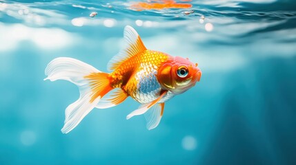Fototapeta premium Orange and white goldfish swimming in a clear blue water. Simple and serene underwater scene with a single goldfish 